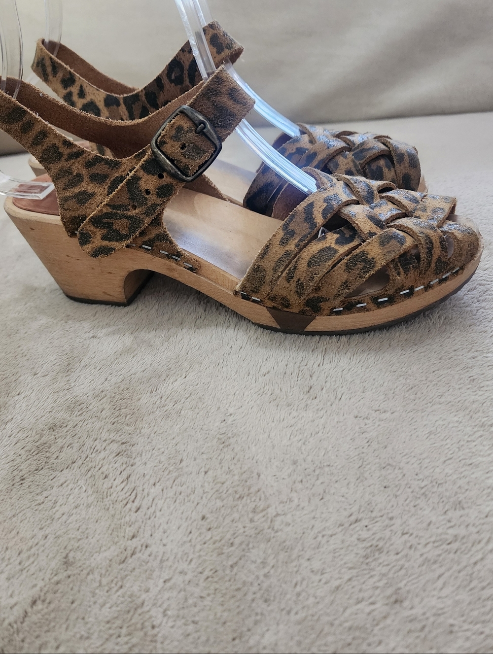 ABOY Made In Sweden Leopard Print Suede 2" Clog Sandals .
